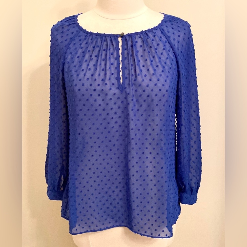 J. Crew Royal Blue Swiss Dot SZ XS Coquette Preppy Boho Feminine Semi Sheer Top